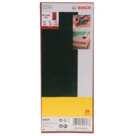 Bosch šlifavimo popierių rinkinys, 93 x 230 mm, 60,80,120,240 grūdėtumas, 25 vnt.