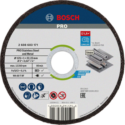 Bosch PRO doorslijpschijf voor roestvrij staal en metaal, 125 x 1 x 22,23 mm